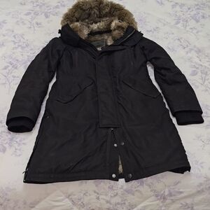Women's Black Parka Coat with Faux Fur Hood